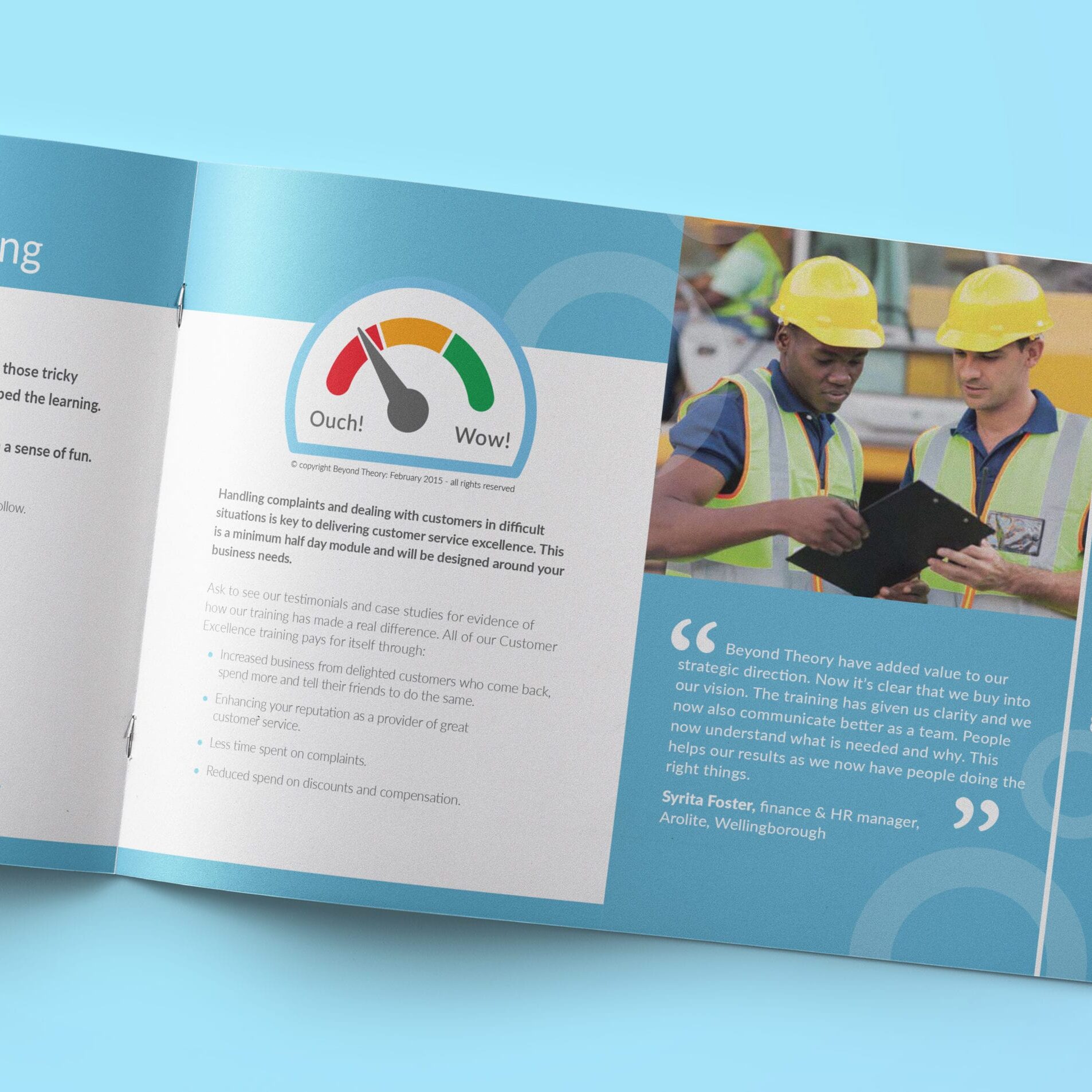 Internal page from a brochure showing the 'Ouch to wow' graphic designed by Pixooma